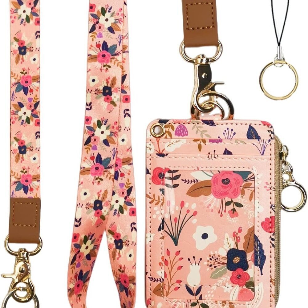 Pink Floral Lanyard Wallet with Badge Holder Compact ID Card Holder